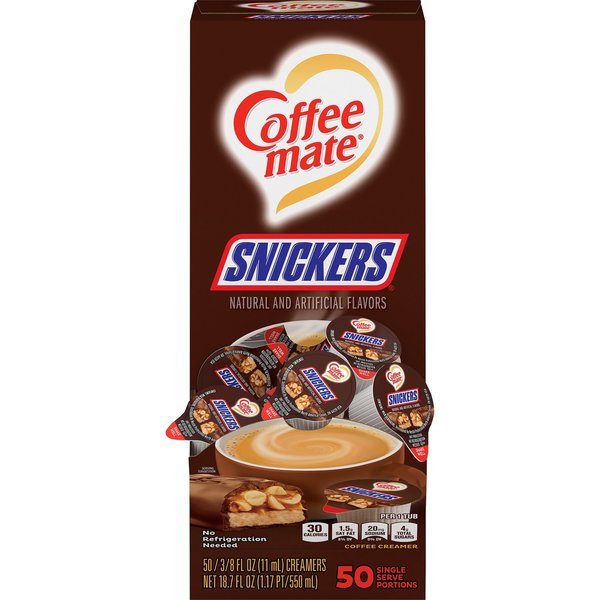 Coffee Mate Creamer, Snickers, Single-Serve, 3/8 fl oz, Brown, PK 50 NES61425
